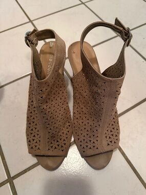 Madden Girl Taupe Laser-Cut Peep-Toe Slingback Heels